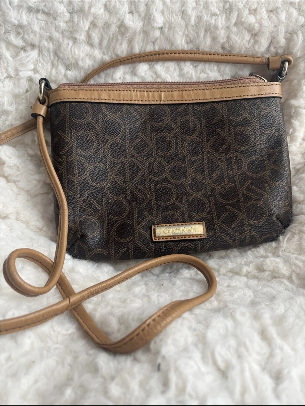 Calvin Klein Brown Monogram Crossbody with Tan Trim